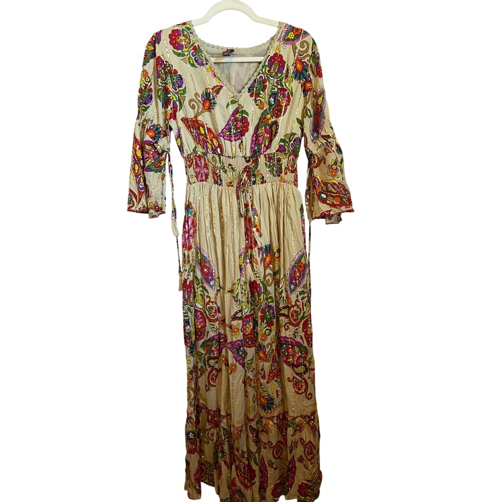 Me 2 Magic Boho Paisley Floral Maxi Dress Gold Lurex Smocked Waist Small India